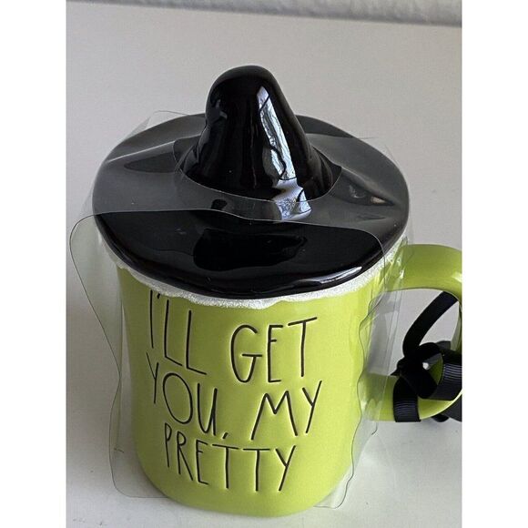 Rae Dunn Wizard of Oz Coffee Mug Green Wicked Witch Hat Topper Get You My Pretty - Picture 7 of 9